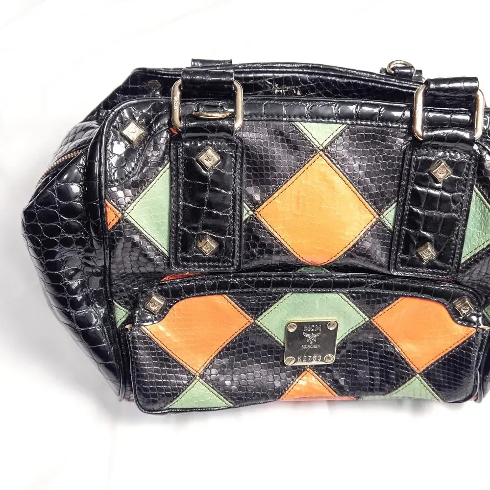MCM Harlequin Satchel Bag Black Leather Y2K Maximalist Collector